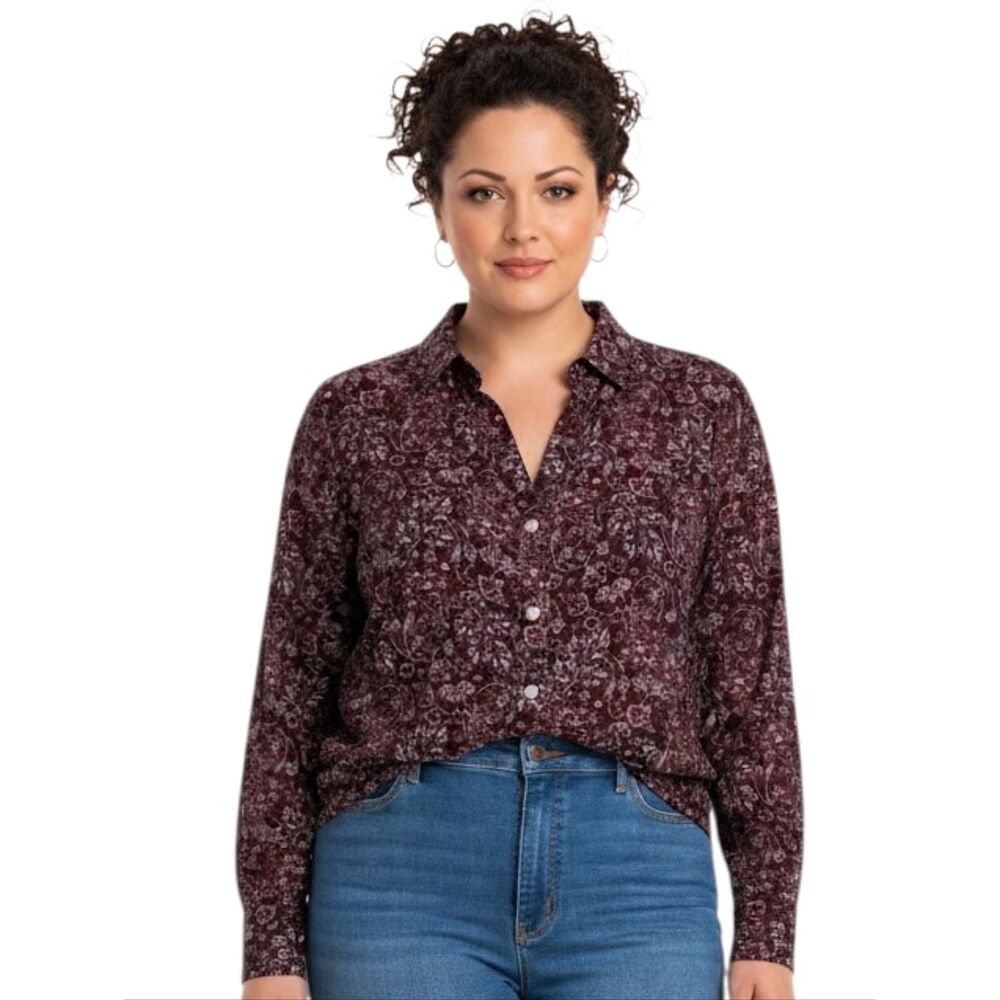 Croft & Barrow Maroon Pasley V-neck Roll Tab Sleeve Button Down Shirt Size 1X